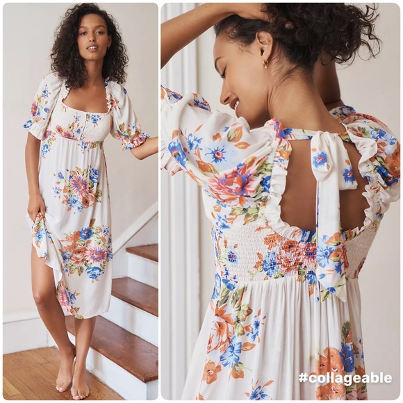 Anthropologie Dresses & Skirts - By Anthropologie Dress NWT Puff Sleeve Smocked MIDI Dress in White Floral Medium